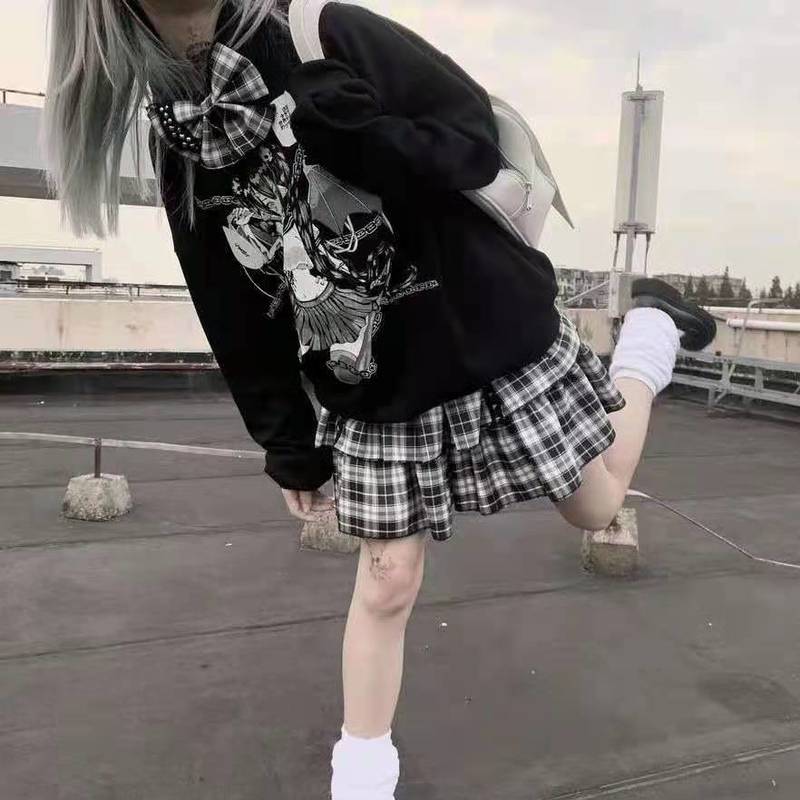 HOUZHOU Gothic Mall Goth Plaid Skirt Women Harajuku Punk Rivet Black Double-layer High-waisted Mini Skirts Dark Academia Grunge 220322