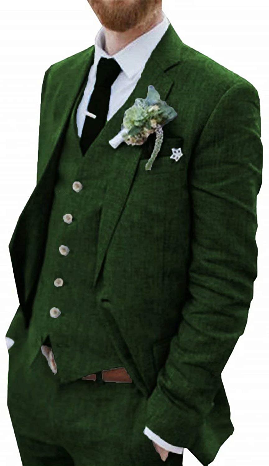 Fashion Men Linen Suits Beach Summer Wedding Groom Tuxedos 3 Pieces Two Buttons Groomsmen Suit Jacket Vest Pants Tie Notched Lapel