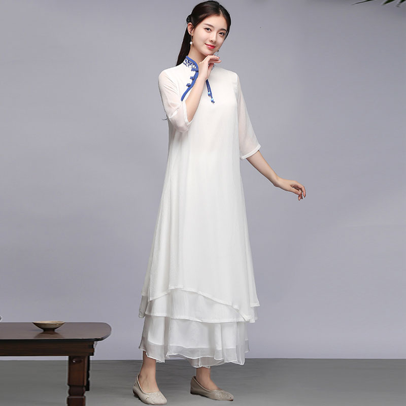 Women ethnic Clothing Hanfu Qipao Summer dress Chinese Style Vintage White Traditional Tang Suit Robe Oriental Clothes