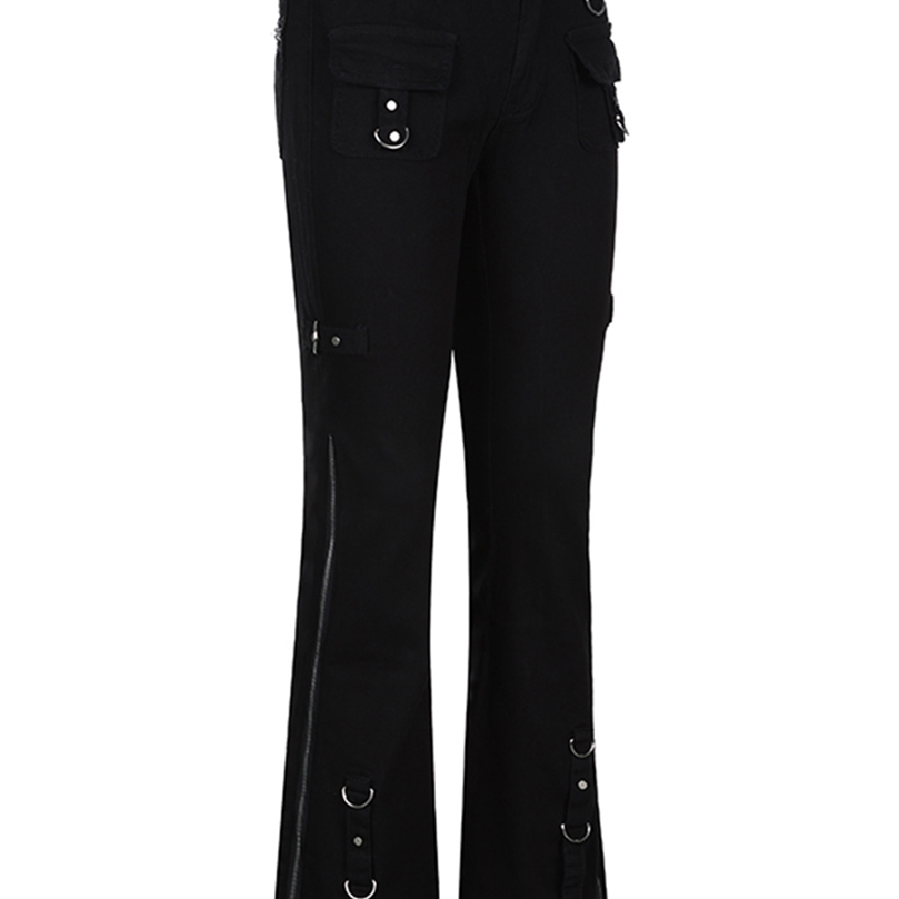 Sweetown Rivet Goth Black Jeans Dark Academic Girl Techwear Side Zipper Low Waist Straight Denim Trousers Women Streetwear 220815