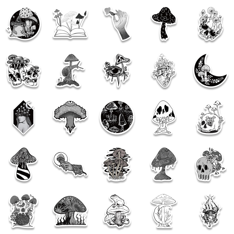 50PCS Gothic Stickers Waterproof Vinyl Stickers Perfect for Laptop Phone Car Skateboard Black White Punk Mushroom Toy Decals