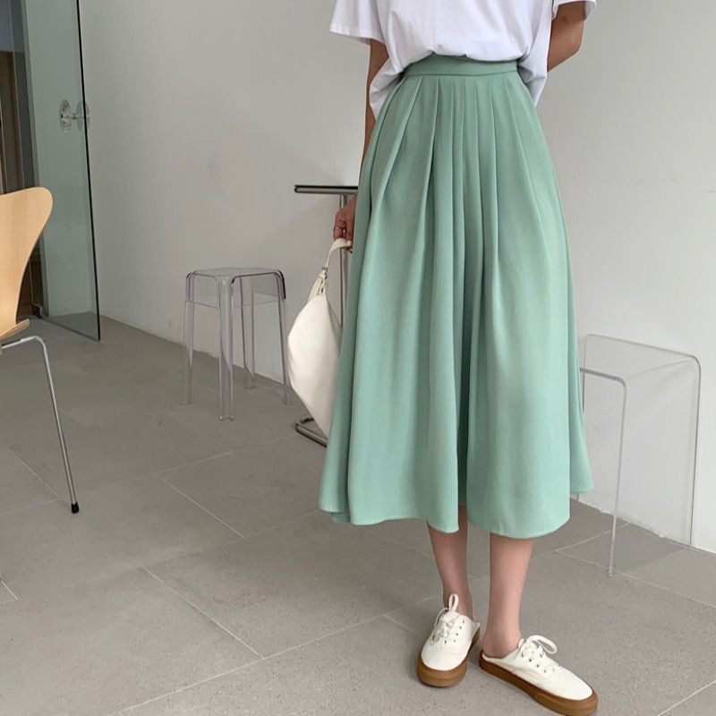 Y2KA-line Pleated Skirt Women's Summer Black Green Elastic High-waisted Midi Long Simple Saia Mujer Faldas 220317