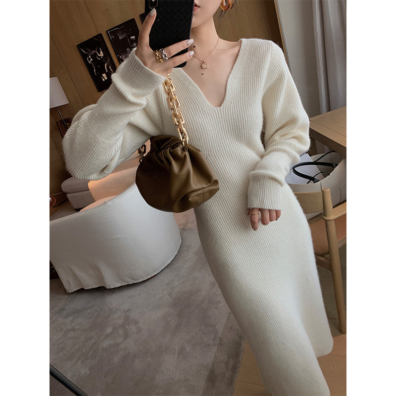 2022 French Style Long Sweater Dress Knitting Solid Dress Women's Autumn And Winter Wear Minimalism Dress 220317