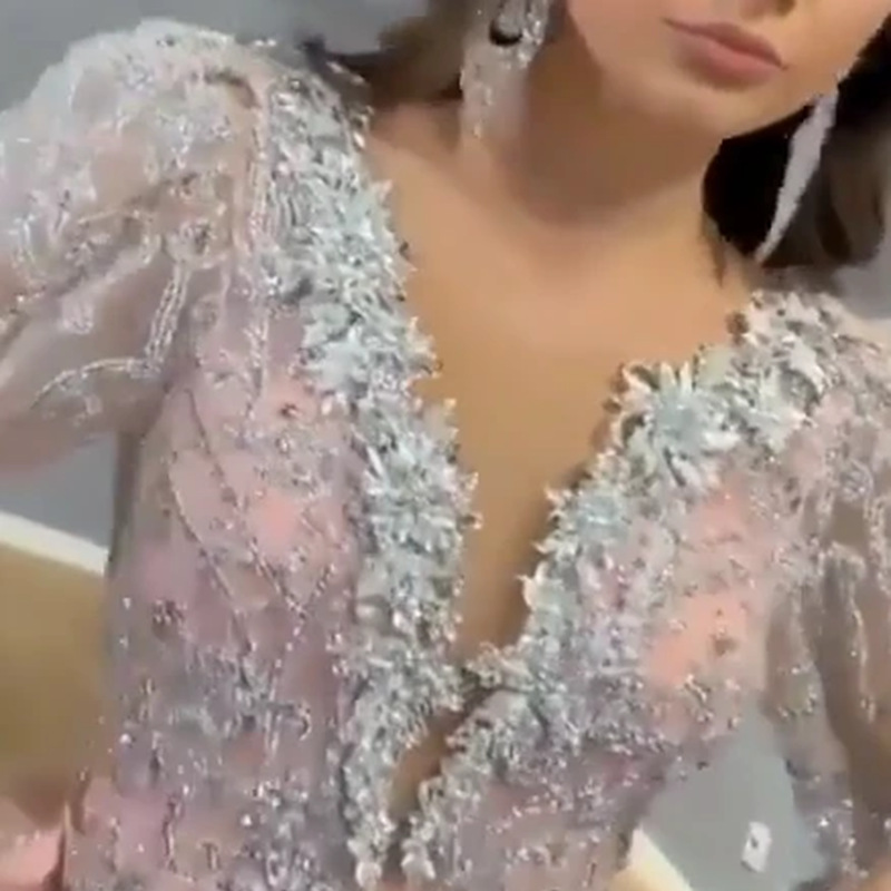 Pink Mermaid Evening Gowns Women Party Dress Full Lace Beading Feather Prom Dresses Long Sleeves High Neck Robe De