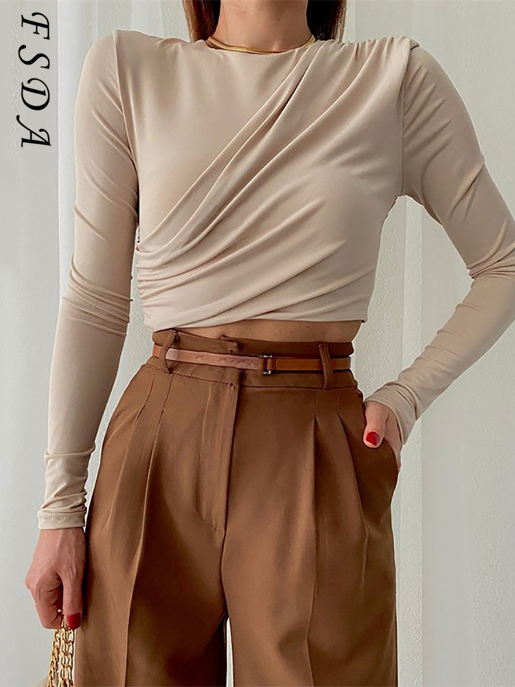FSDA O Neck Brown Crop Top Women Ruched 90s Y2K Basic Autumn Winter Casual Black Long Sleeve T Shirts Sexy Green 220714