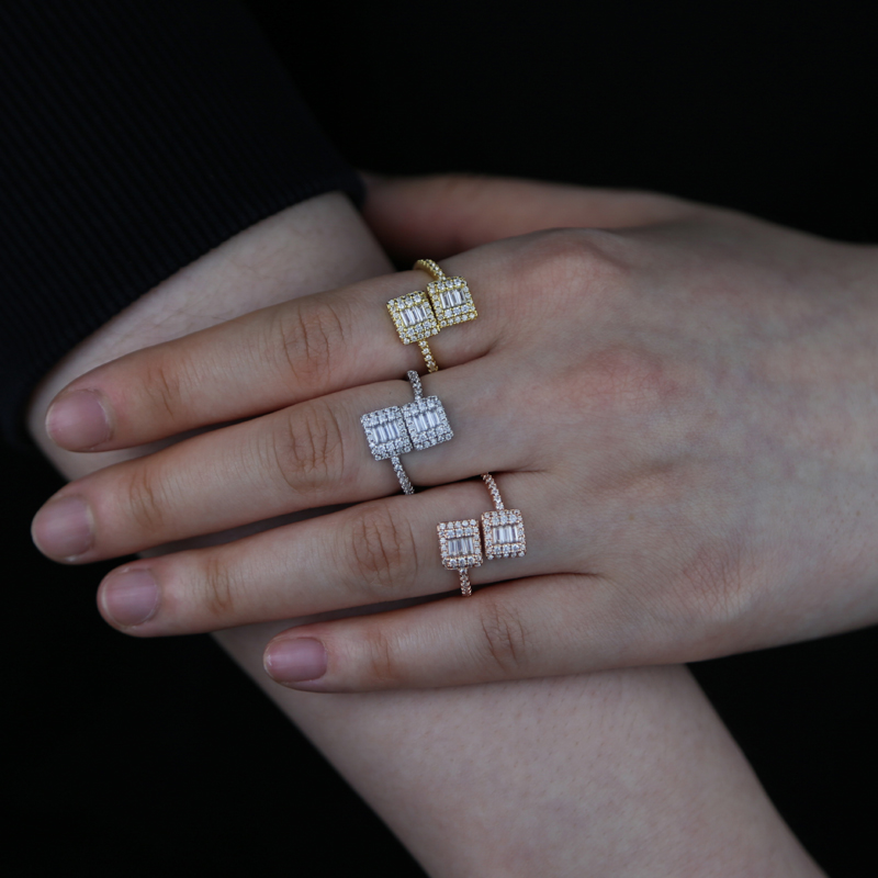 Adjustable Open Heart Cz Ring Women Lady Iced Out Baguette Cubic Zircon Rose Gold Square Rings Fashion Jewelry for Mothers' Day