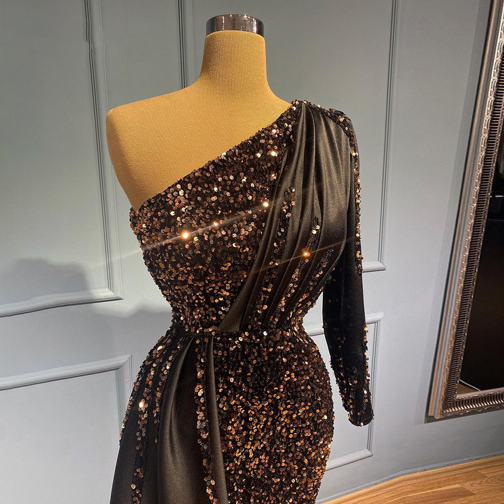 Black A-line Mermaid Prom Dresses One Shoulder Satin Lace Long Sleeve Sexy High Neck Elegant Sequins Sweep Train Evening Formal Dresses Girls Gowns