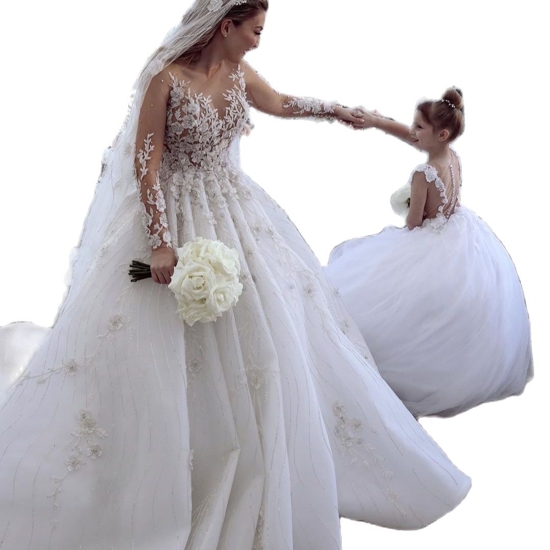 Luxury Lace Dubai A Line Wedding Dresses 3D Floral Flowers Bridal Gowns Plus Size Long Sleeve Beaded Crystal Vestidos De Novias