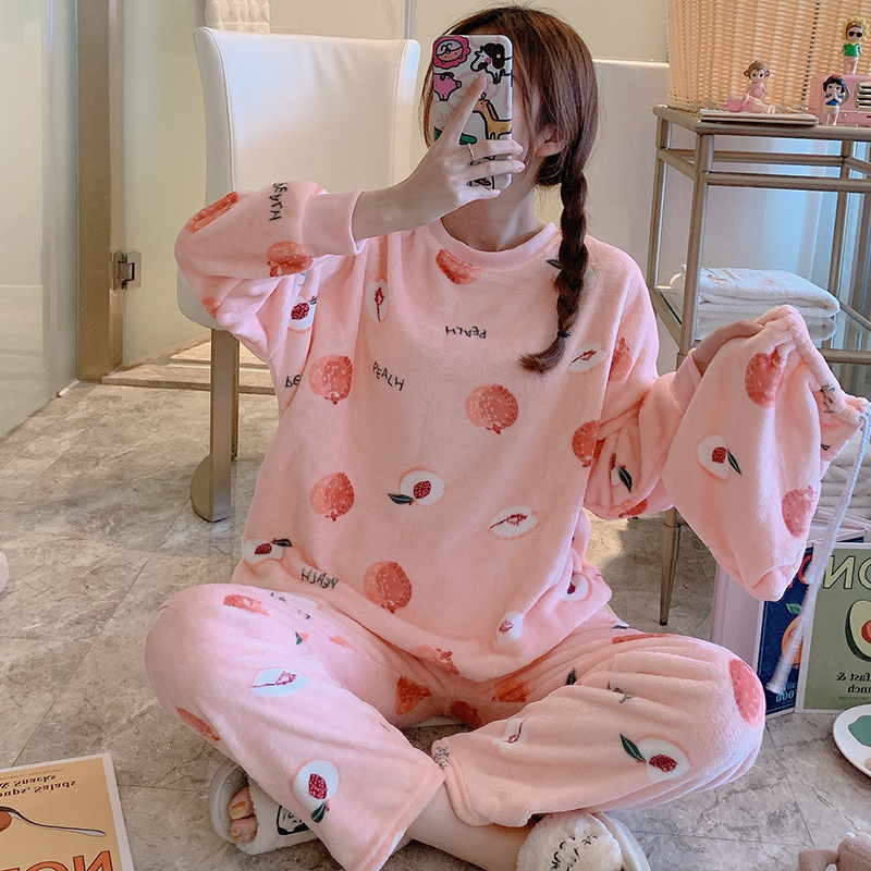 Pajamas for Women Flannel Women's Set Winter Long-Sleeved Sleepwear Cute Cartoon Suits 220329