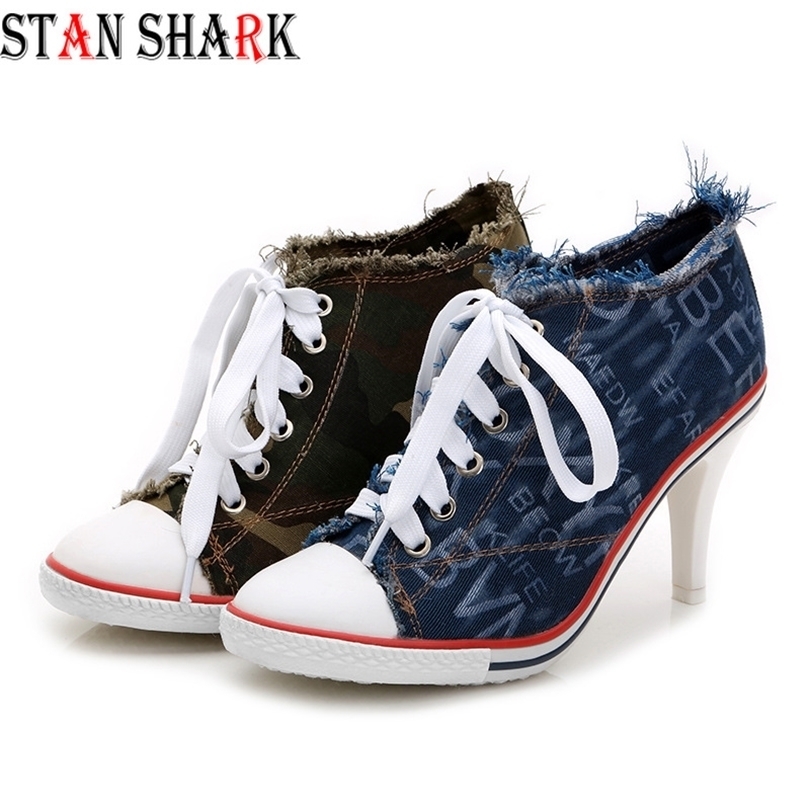 Women's Denim High Heels Rivets Shoes Female Canvas Pumps Lady's Boots Ankle Lace-Up Thick Heel and Thin 220328