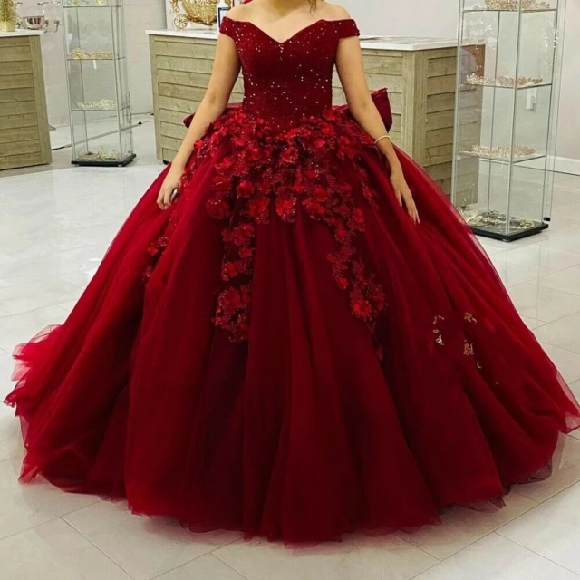 Dark Red Flowers Princess Quinceanera Dresses With Big Bow Back 3D Floral Glitter Sequined Top Off Shoulder Prom Ball Gown Sweet 15 16 Years Formal Pa