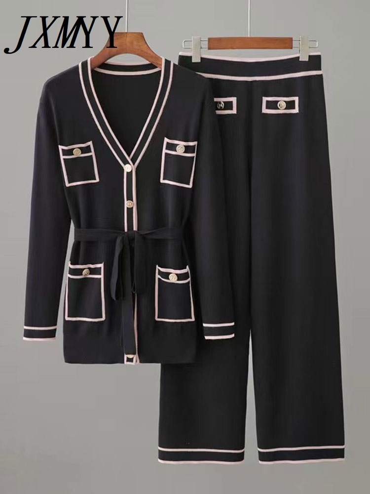 JXMYY Early Autumn Long-Sleeve Knit Suit Lace-Up Waist Mid-Length V-Neck Cardigan + Wide-Leg Pants Two-Piece Female 220315