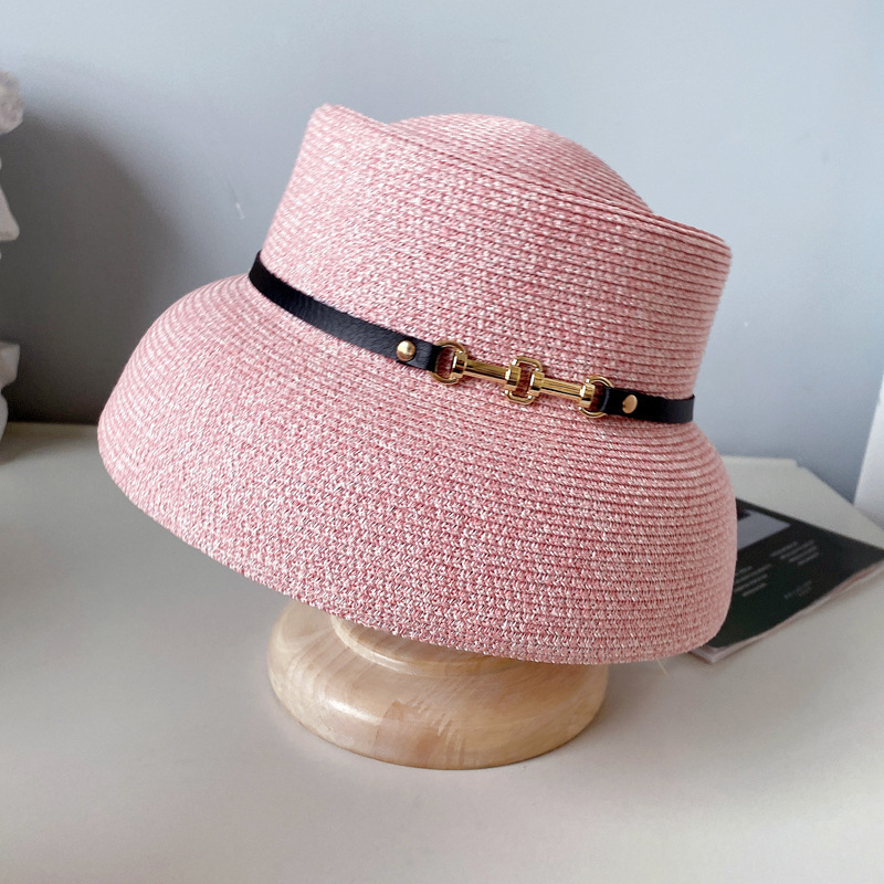 Elegant ummer un Protection Female Wide Brim Belt Metal Buckle Bain Girl Cap Beach traw Hat 220613
