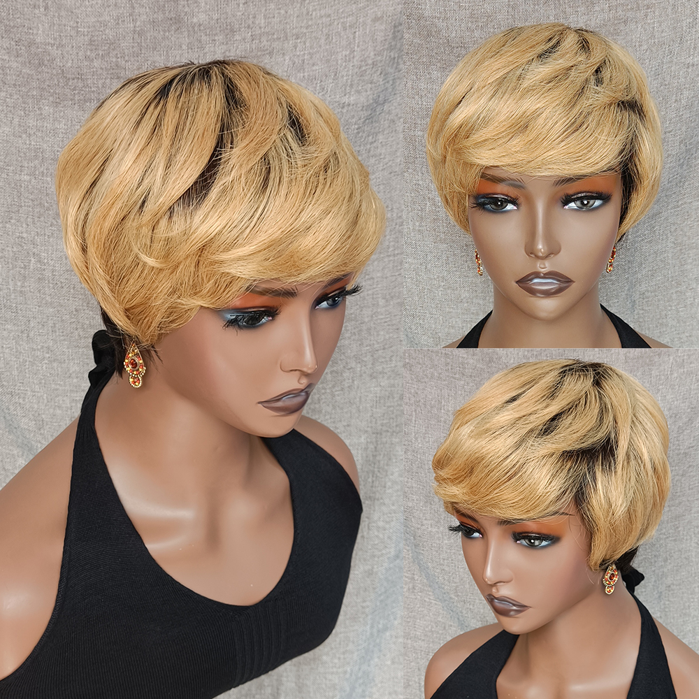 

LX Brand Peruvian Pixie Cut Wigs for Black Women Cheap Human Hair Straight Short Bob Wigs with Bangs Nature Mixed Brown Highlight Wigsfactor, 130%