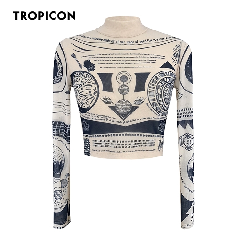 TROPICON Tattoo Mesh Crop Top Long Sleeve Tees Graphic T Shirts Women See Through High Fashion Top Aesthetic Bodycon Tshirt 220516