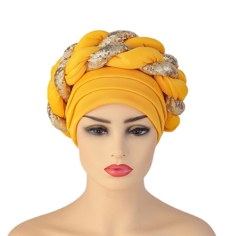Arab Wrap Muslim Scarf Hijabs Turbans African Headtie Sequin Braid Hat for Women Pleated Beanie Headwrap Hair Accessories 220725