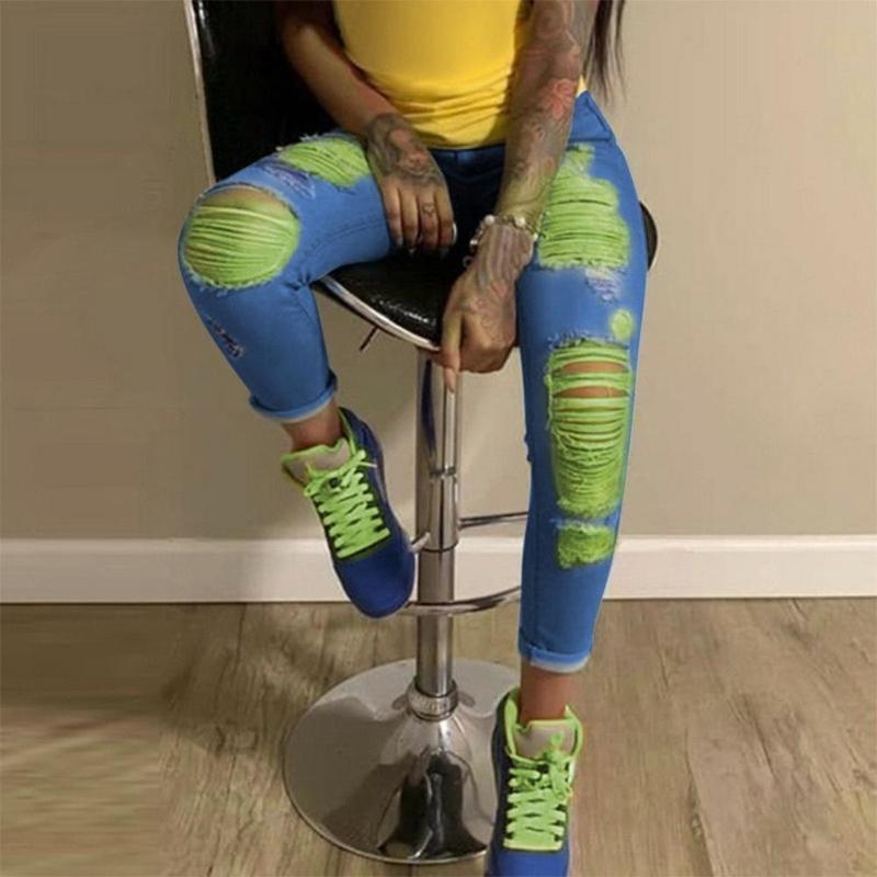 Ripped jeans High Waist Hole Women Trousers Club Outfits Street trendy feet pants lightcolored Sexy Hollow out denim Pant 220810
