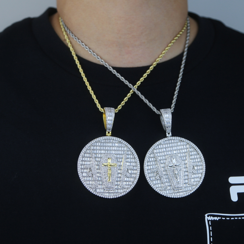 Iced out round shape jesus gun pendant paved full cz stone fit cuban chain necklace for women men hip hop jewelry wholesale