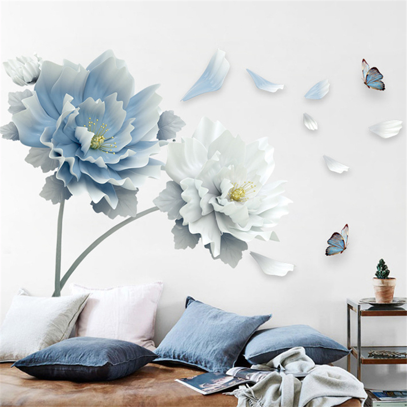 Large White Blue Flower Lotus Butterfly Removable Wall Stickers 3D Wall Art Decals Home Decor Mural Art for Living Room Bedroom