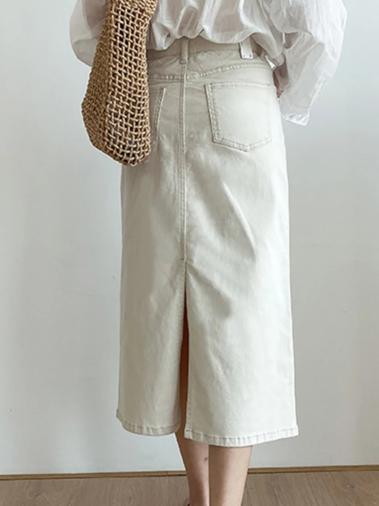 Luck A Fashion Retro Long Summer Spring Denim Skirts Girls High Waist Button Pockets Split Jeans Straight Maxi 220317