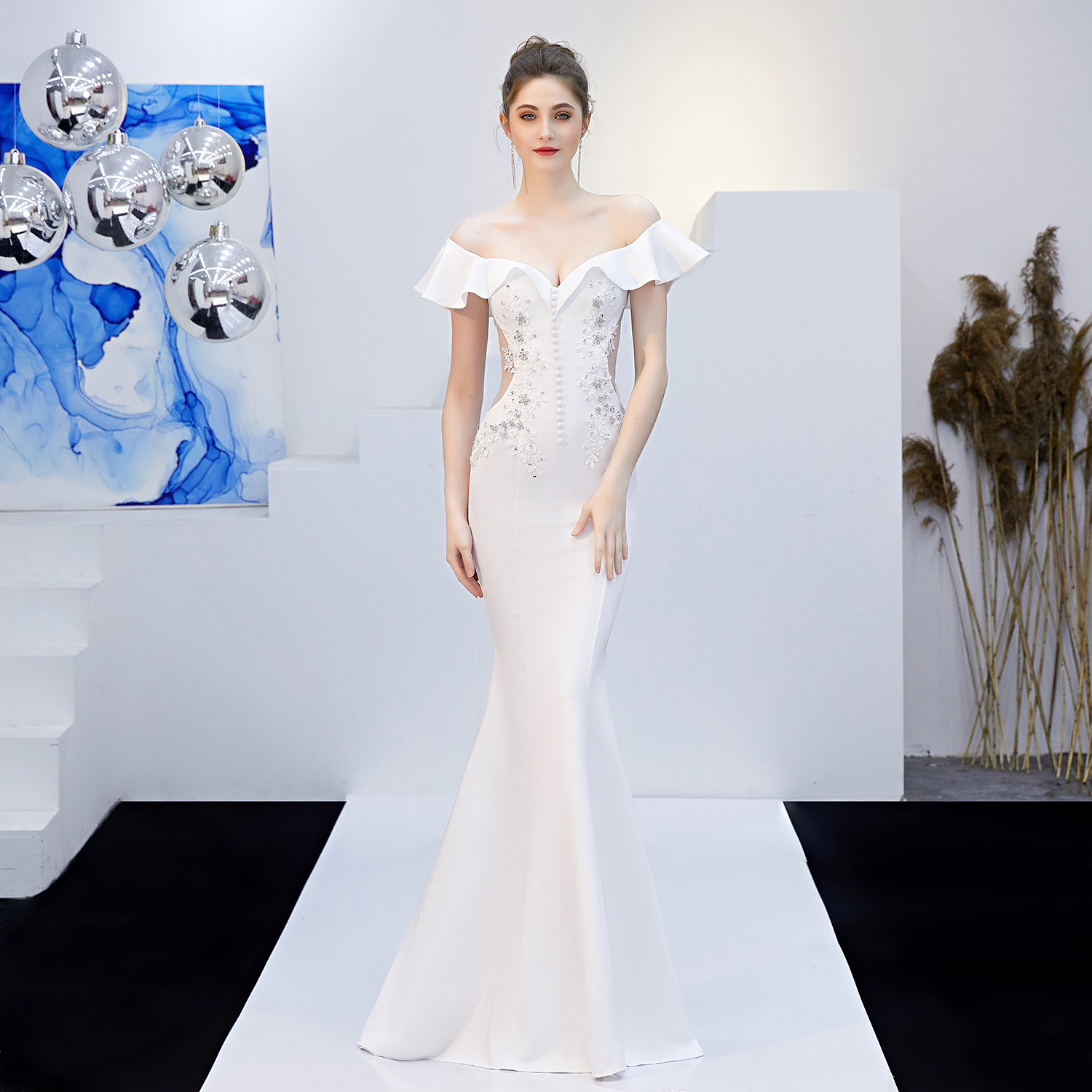 Soft Satin See Through Appliques Beading Long Evening Dresses Elegant Off Shoulder Party Maxi Dress Prom Dress