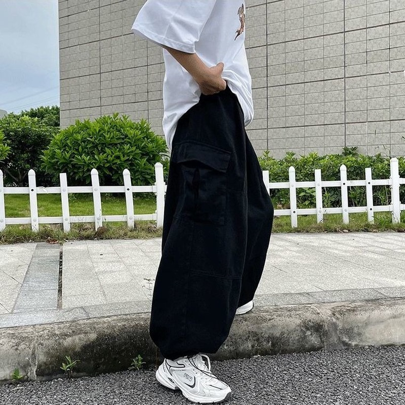 HOUZHOU Harajuku Streetwear Khaki Cargo Pant Oversize Pockets Hip Hop Black Wide Leg Trousers For Female Korean Fashion 220325