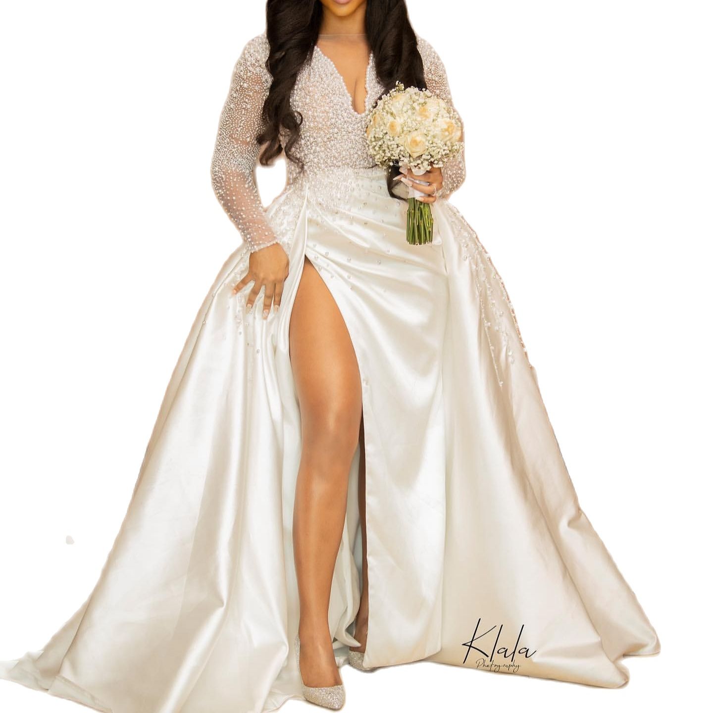 Luxury Aso Ebi Wedding Dress Pearls Beaded Long Sleeves V Neck Puffy Ball Gown Satin With Train Plus Size High Split Bridal Wedding Dresses