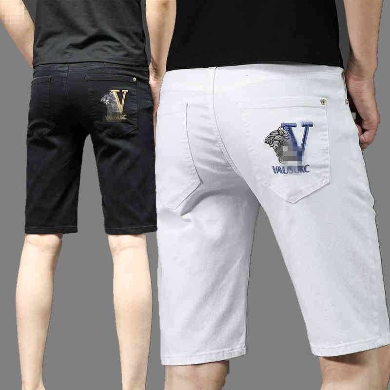Men's Jeans Summer casual jeans men's small foot slim cotton elastic shorts Korean embroidered Medusa Capris BIGI