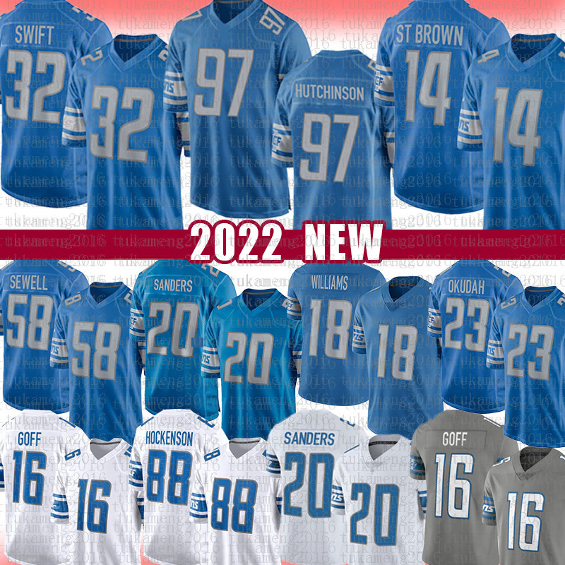 

97 Aidan Hutchinson Football Jersey Amon-Ra St. Brown Jameson Williams Penei Sewell T.J. Hockenson Jared Goff D'Andre Swift Frank Ragnow D.J. Chark Barry Sanders Jack Fox, Mens jersey(xs)