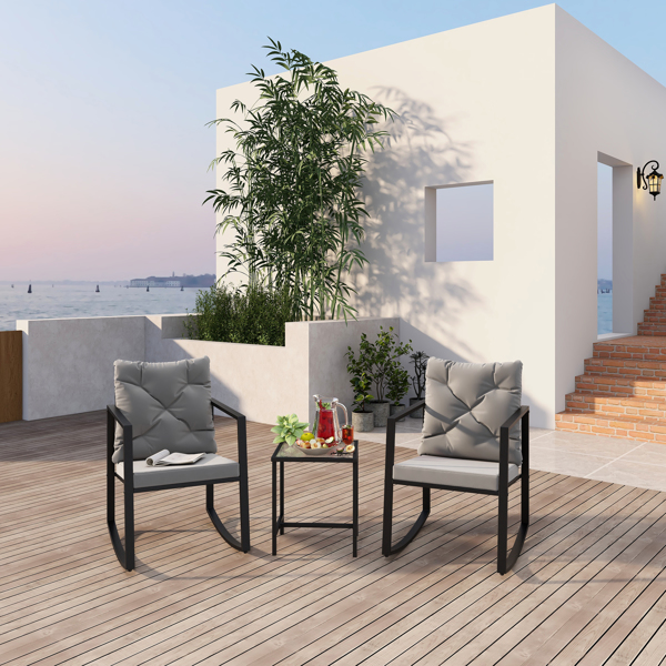 Dining Room Furniture 3 Pieces Patio Furniture Outdoor Bistro Conversation Sets with Metal Rocking Chairs and Glass Coffee Table Gray