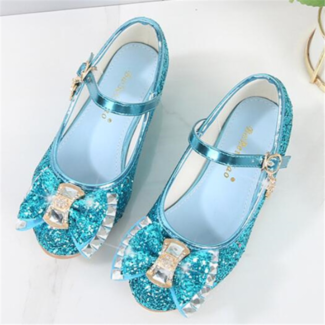 Kids Shoes Sandals Sequin Girls High Heel Shoes Round Head Soft Bottom Bow Children Princess Shows Crystal Leather Shoe