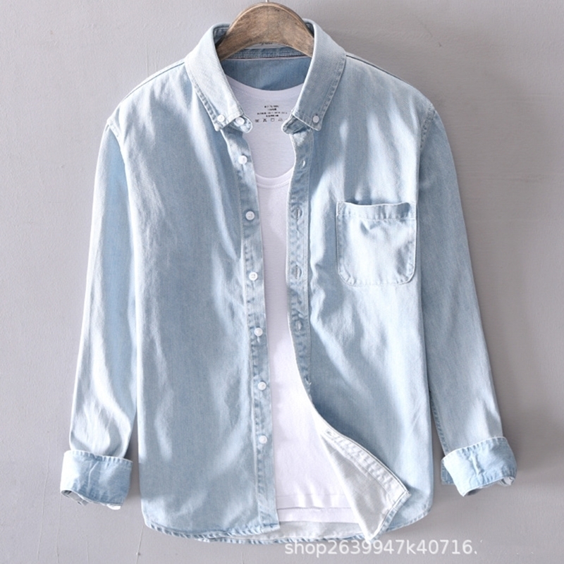 Spring Men's Thin Lapel Denim High-Quality Fashion Casual Long-Sleeved Shirt Solid Color Classic Cotton Plus Size Top 2206