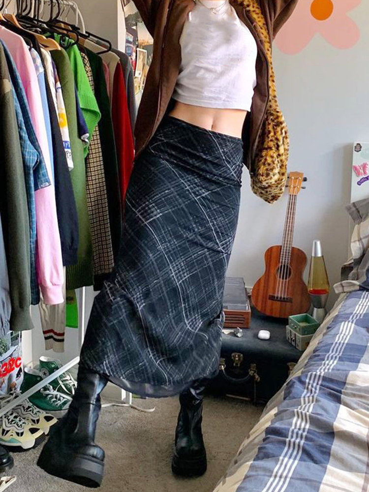 Rapcopter Striped Long Skirts Retro y2k Straight High Waisted Summer Women Sweet Cute Party Grunge Trendy 220701