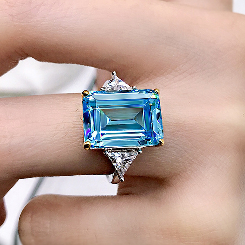 Solitaire Ring OEVAS 100 925 Sterling Silver Sparkling 10 14mm Aquamarine 5A Zircon Rings For Women Party High Carbon Diamond Fine Jewelry 220726