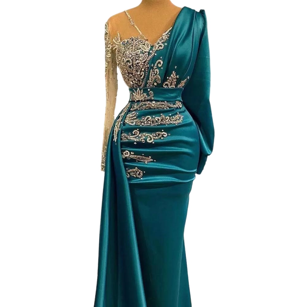Teal Blue Mermaid Prom Formal Dress with Long Sleeve 2022 Pleated Stain Beaded Arabic Aso Ebi Evening Gowns vestidos de gala