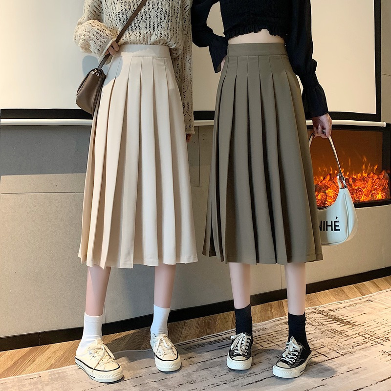Black Pleated Skirt Half-length Female Autumn Style Korean High Waist Woman s 220322