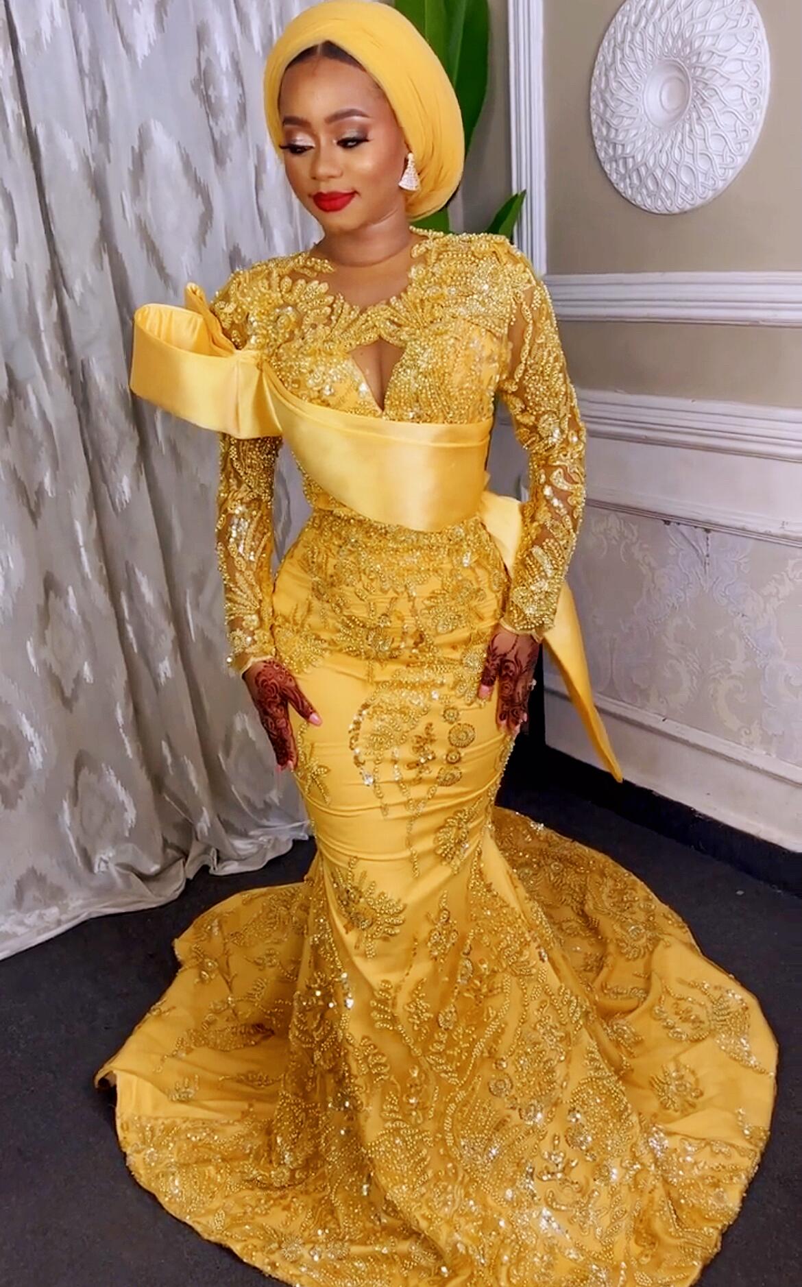 Plus Size Arabic Aso Ebi Mermaid Luxurious Gold Prom Dresses Sequined Lace Evening Formal Party Second Reception Birthday Engagement Gowns Dress ZJ621