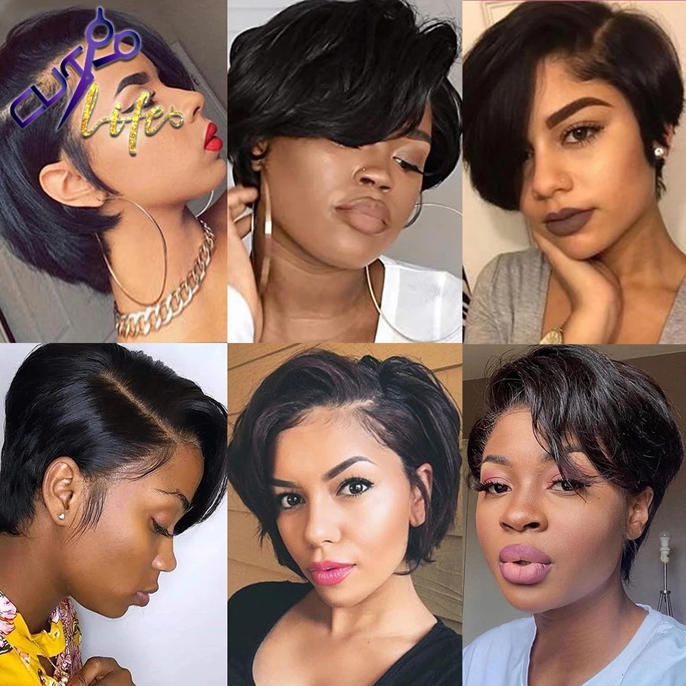 Free shipping Short Pixie Cut Lace Frontal Natutral Black Wavy Bob Wig Human Hair Wigs For Women Remy Pre Plucked Glueless