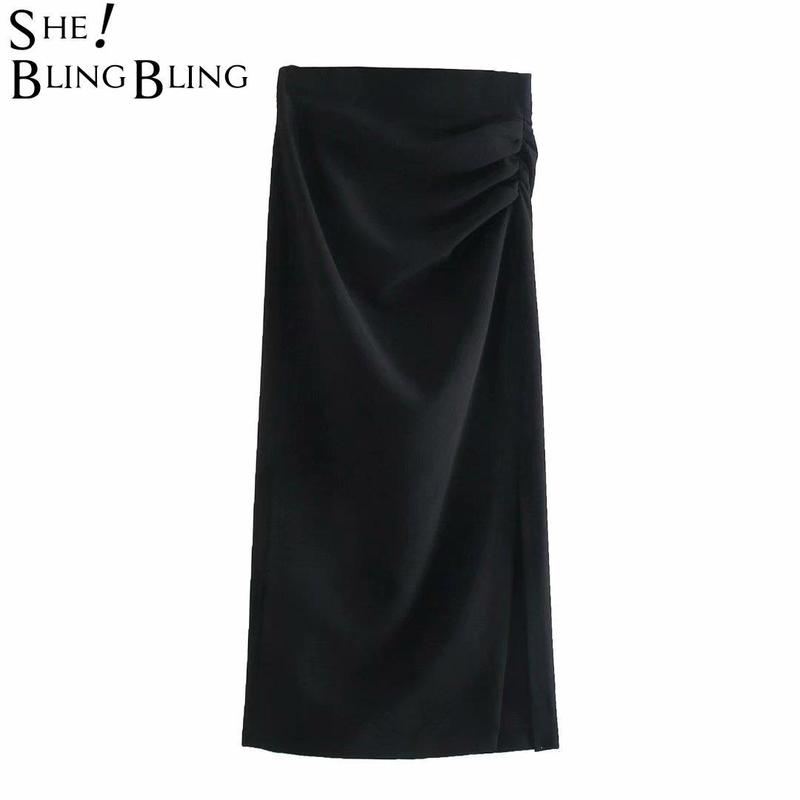 SheBlingBling Summer High Waist Zipper Ruched Detail Split Side Women Casual Straight Green Midi Skirts Female Petites 220317