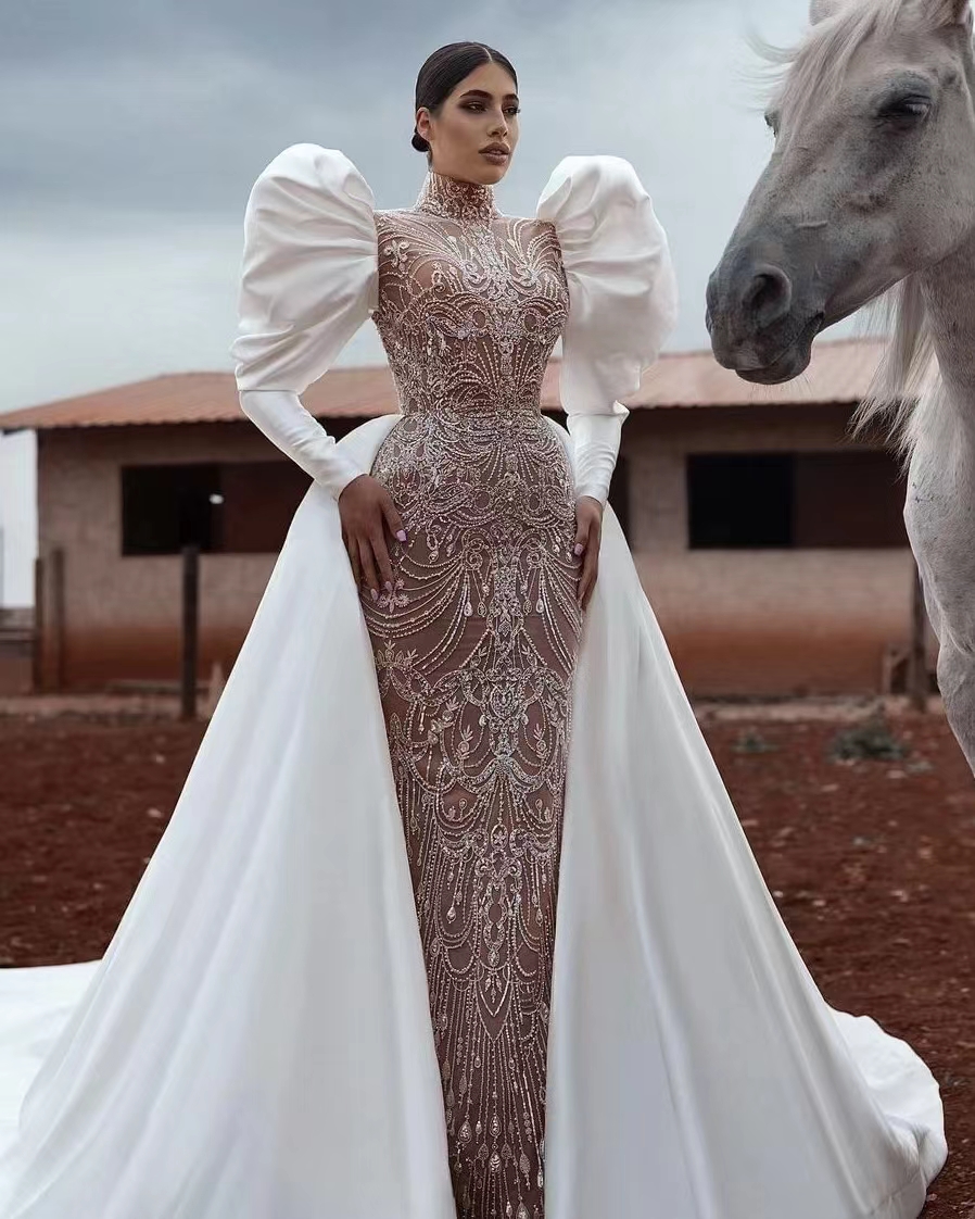 New Arrival Lace Appliques Mermaid Wedding Dress Sequins Beads Waist Long Sleeves Satin or Length High Neck Detachable Train Custom Made Bridal Robes
