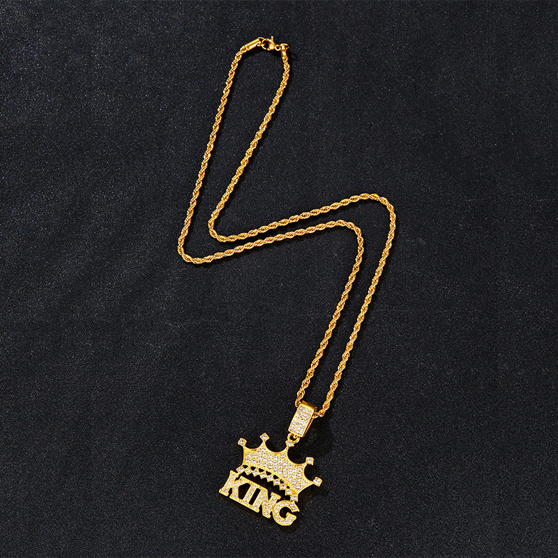 Designer 18K Gold Silver Stainless Steel King Crown Letter Pendent Necklace for Men Cubic Zircon Simulated Diamond Necklace Cool Jewelry Gift