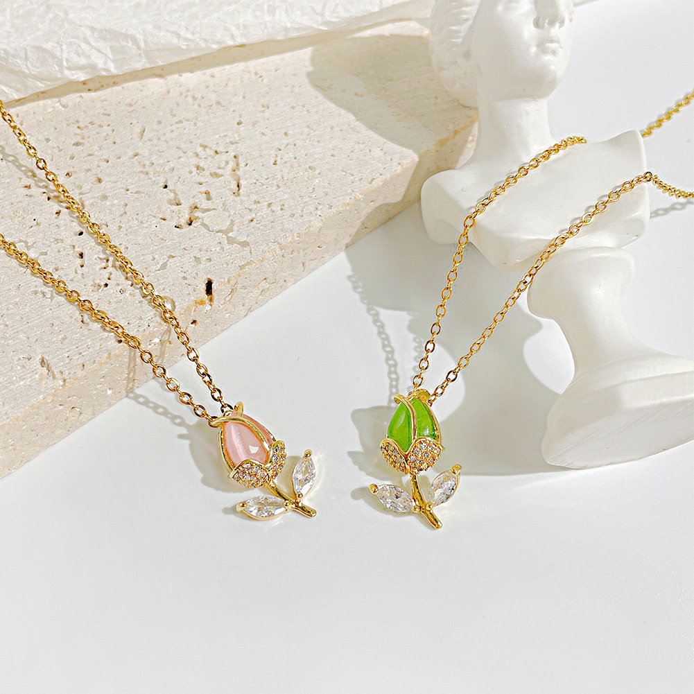 Tulip Flower Pendant Necklaces Gold Plated Lover Crystal Clavicle Chain for women Gift