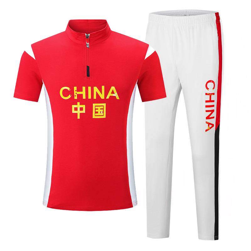 Men's Tracksuits Summer Athletes Running Jacket + Pants Chinese Team Sportswear Cotton Martial Arts Student Short Sleeve Top Unisex Training Suit