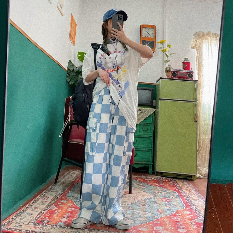 HOUZHOU Cargo Plaid Pant Hippie Harajuku Y2k Oversize Baggy Checked Trousers Female Streetwear Wide Leg Korean Fashion 220325