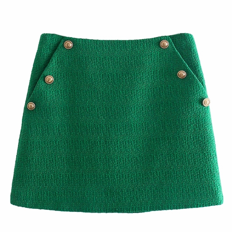 Tangada Women Green Tweed Skirts Faldas Mujer Zipper French Style Female Mini Skirt 8Y195 220317