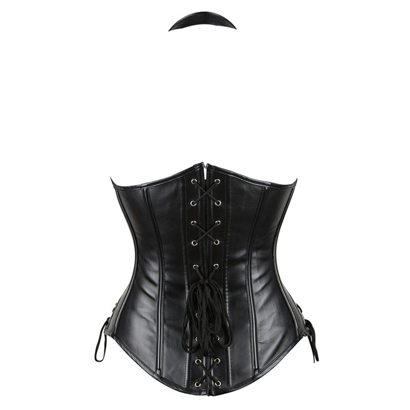 Halterneck Strap PU Leather Look Underbust Corset with Buckle Fastening and Side Lacing Women Steampunk Clubwearing Corsets