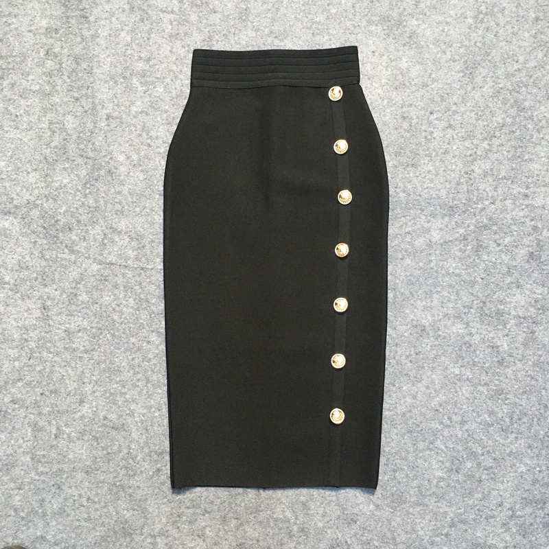Summer Elegant Midi Pencil Skirt High Waist Bandgae Black Elastic Bandage s Button Women Clothes 220317