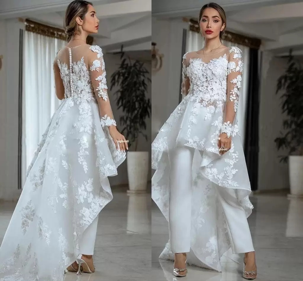 Sexy Illusion Long Sleeve Wedding Dress Jumpsuit with Train Sheer Neck Lace Floral Country Bohemian Beach Lesbian Bridal Gowns