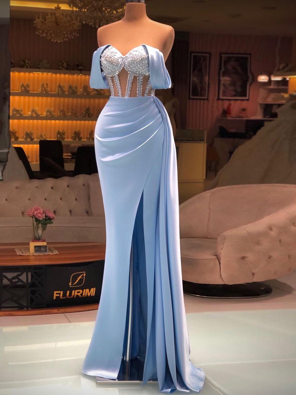 Charming Elegant Mermaid Prom Dresses Off The Shoulder Crystals High Split Women Satin Long Evening Party Night Gowns Custom Made
