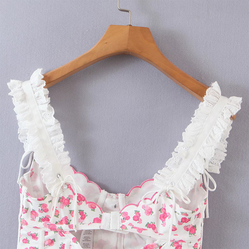 YENKYE Sexy Women White Lace Trim Sweet Floral Print Tank Top Ladies Summer Holiday Crop 220325